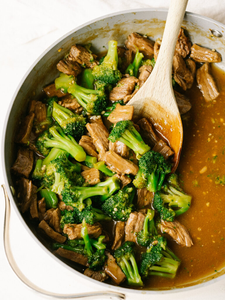 Above view of healthy beef and broccoli recipe in a pan
