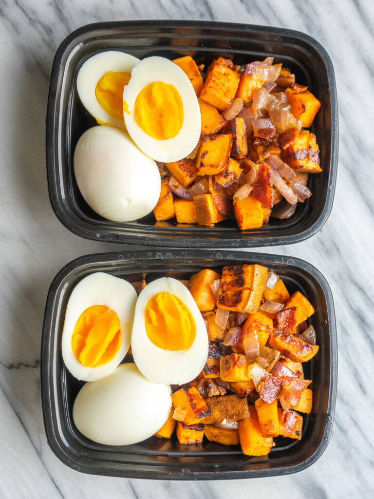 Above view of a paleo breakfast in meal prep conatiners
