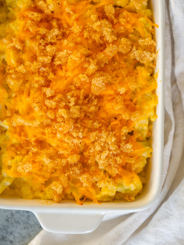 Close up above view of low carb cauliflower mac and cheese