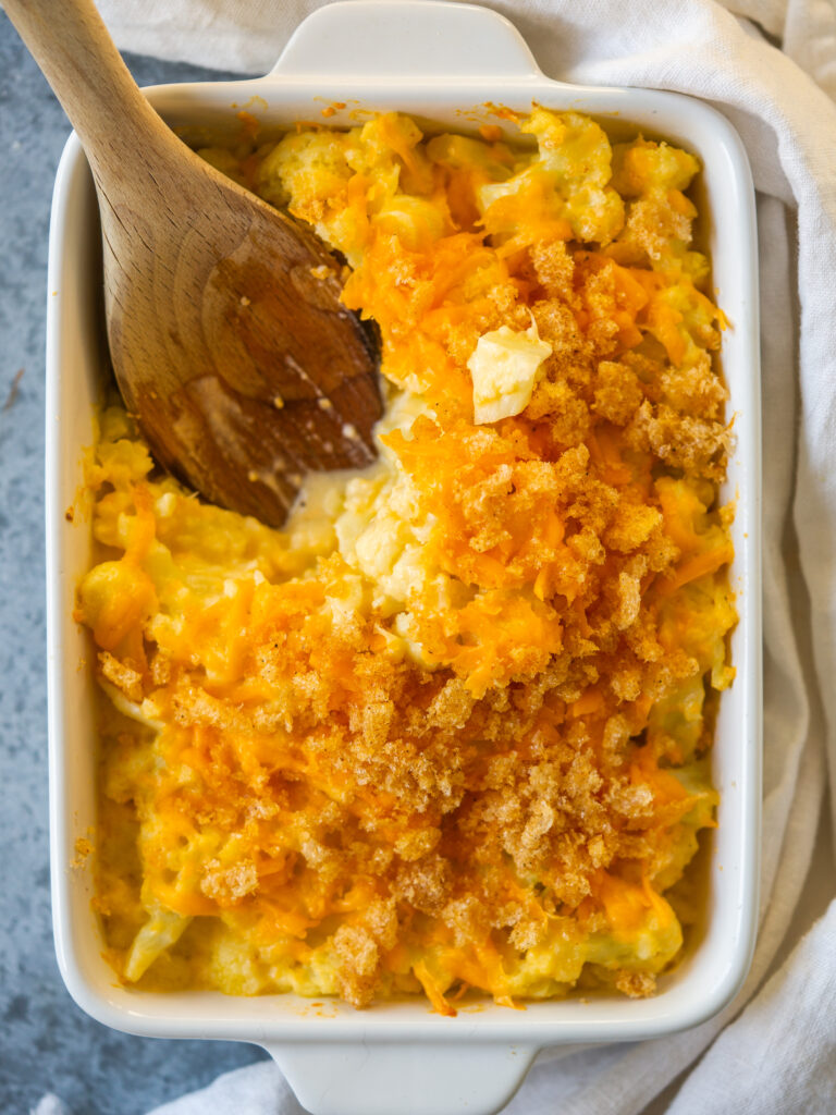 Above view of Baked Cauliflower Mac and Cheese in a baking dish