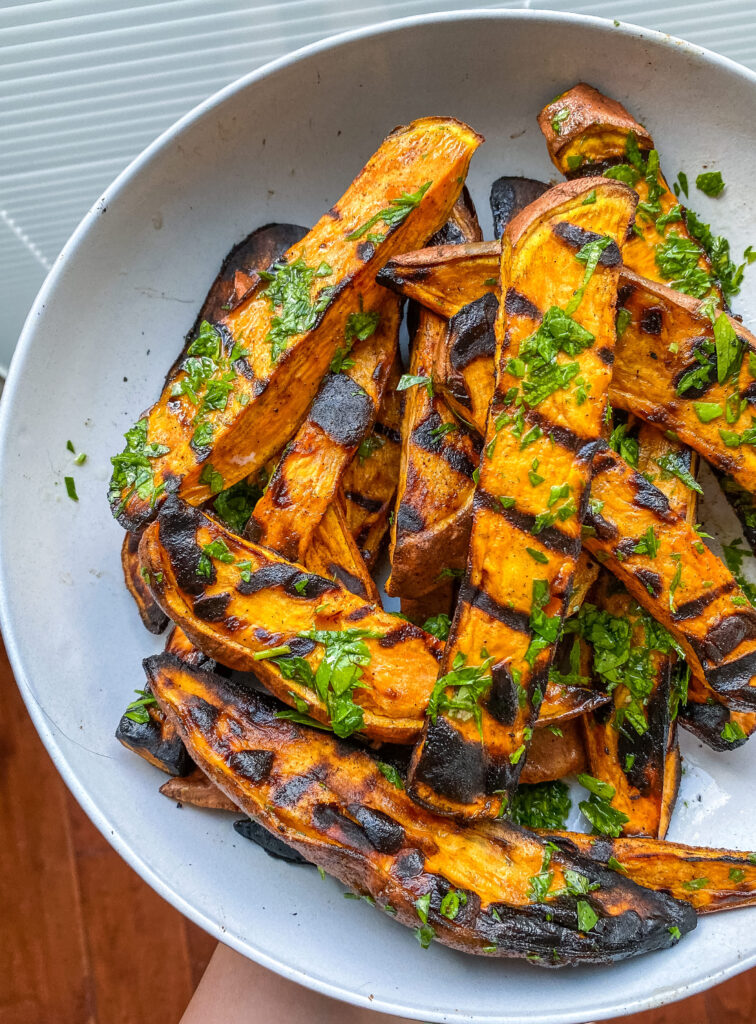 Close up above view of grilled sweet potato wedges recipe