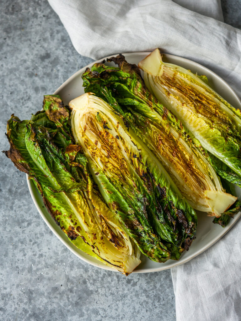 Above view of grilled romaine lettuce for grilled caesar salad recipe