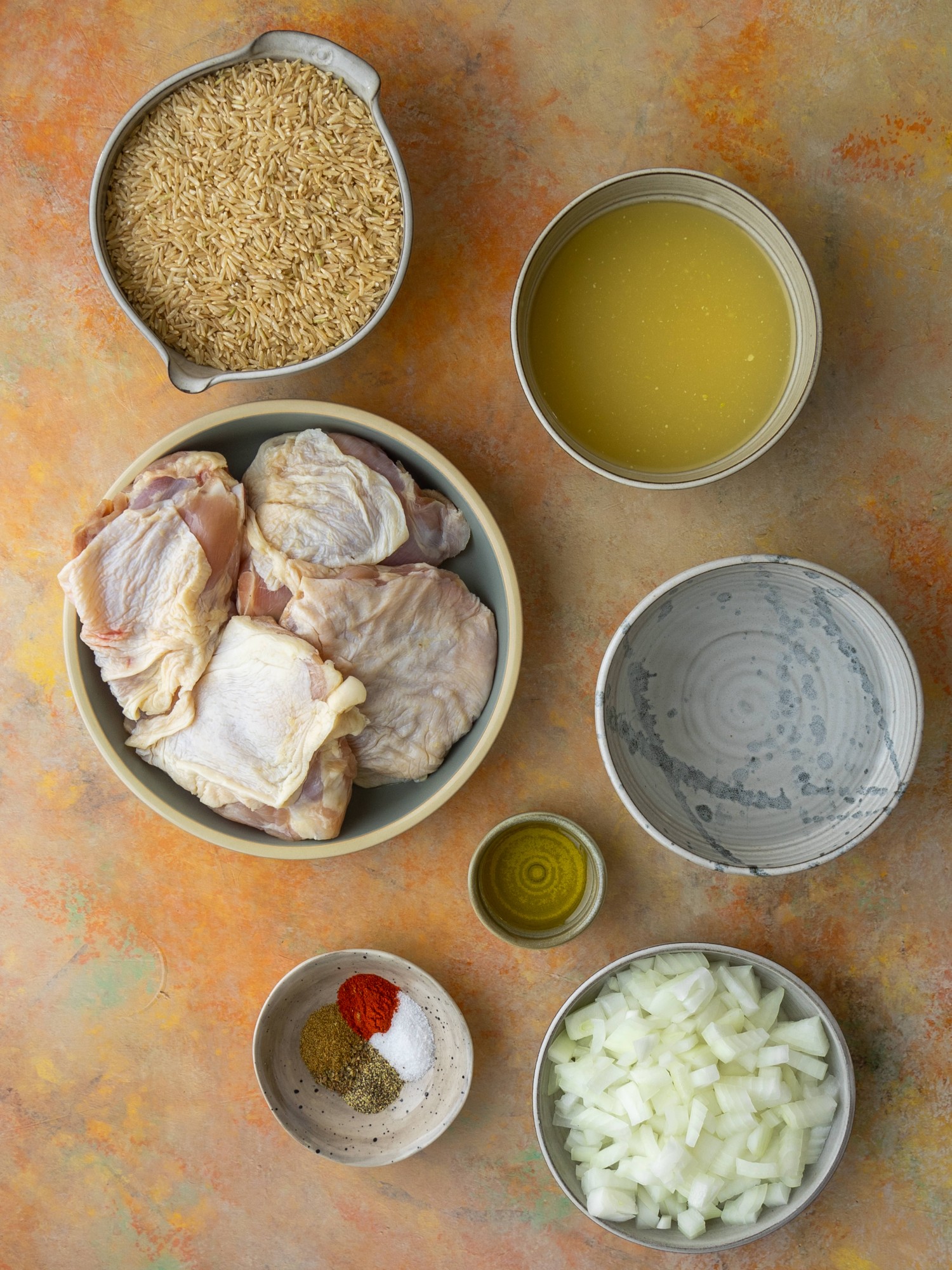 Above view of ingredients for instant pot chicken thighs and rice