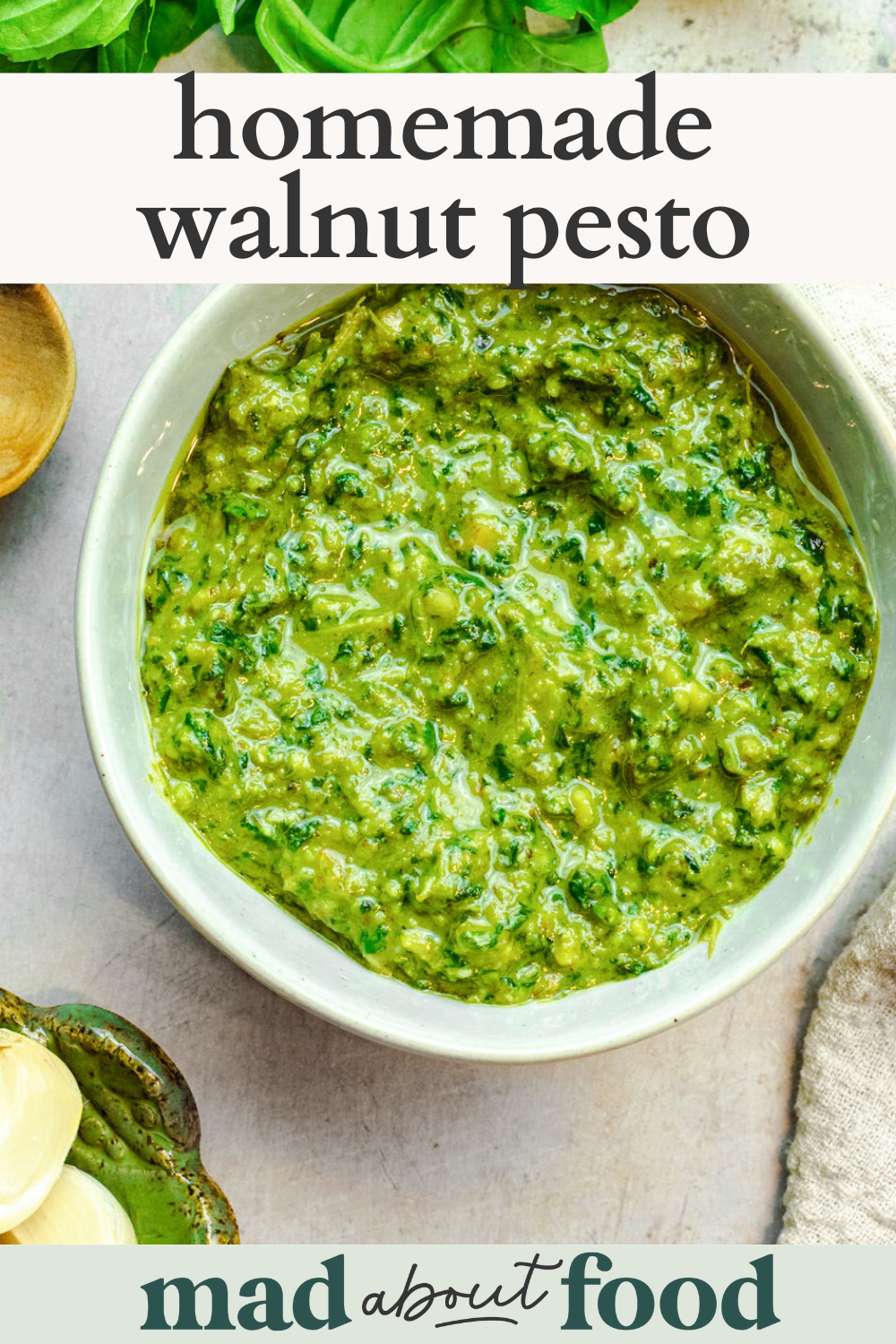 Image for pinning Homemade Walnut Pesto recipe on Pinterest