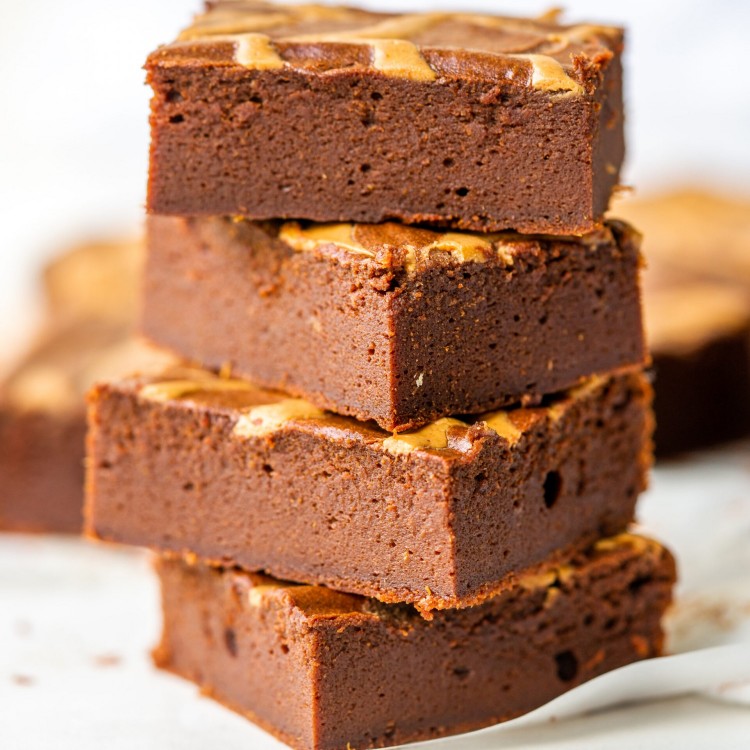 Side view of a stack of Flourless Sweet Potato Brownies