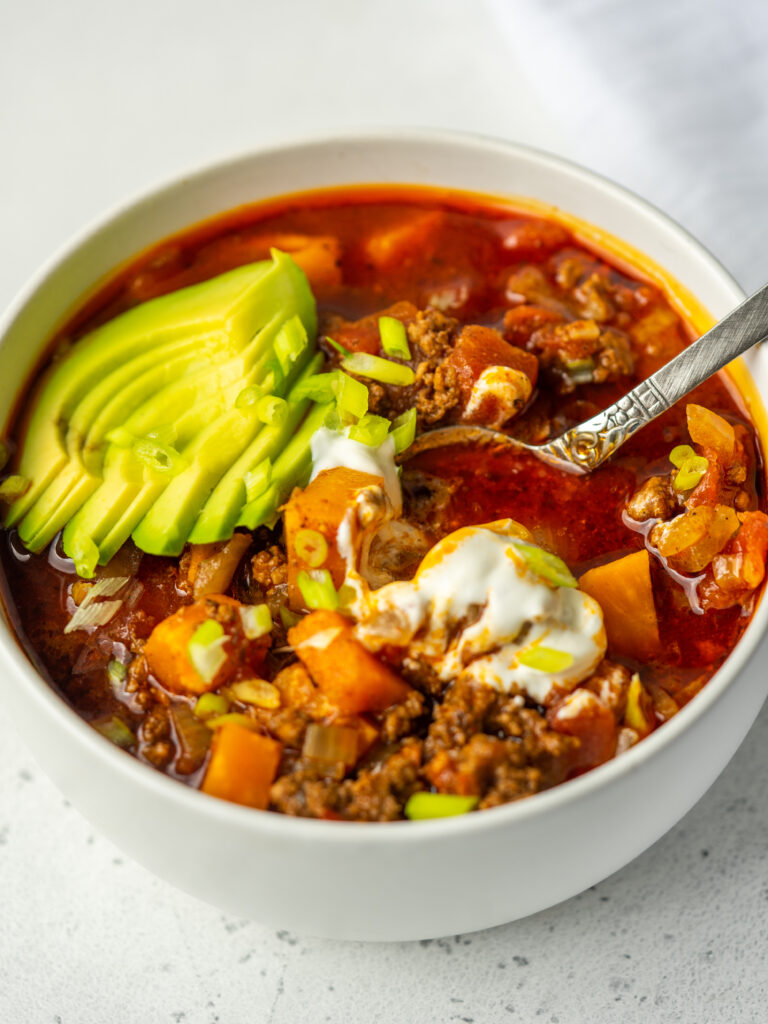 Three quarter view of whole30 chili in a bowl