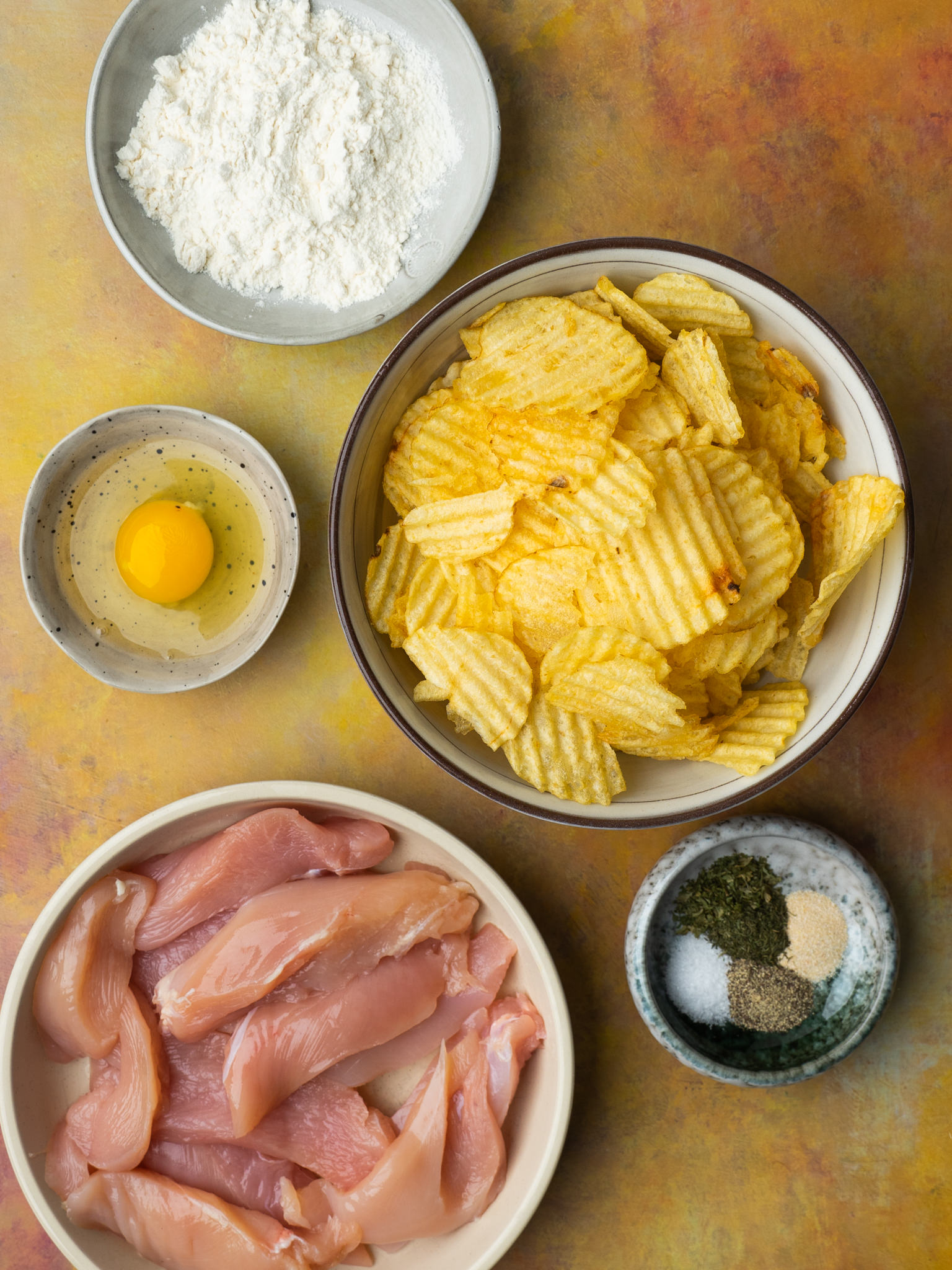 Above view of potato chip chicken ingredients