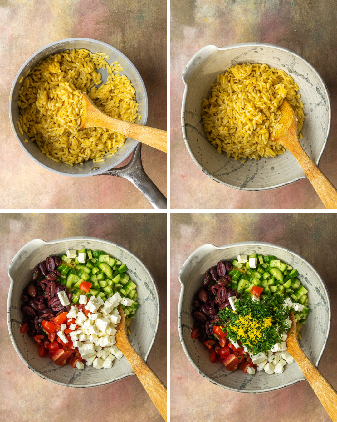 Step by step assembly of mediterranean orzo salad