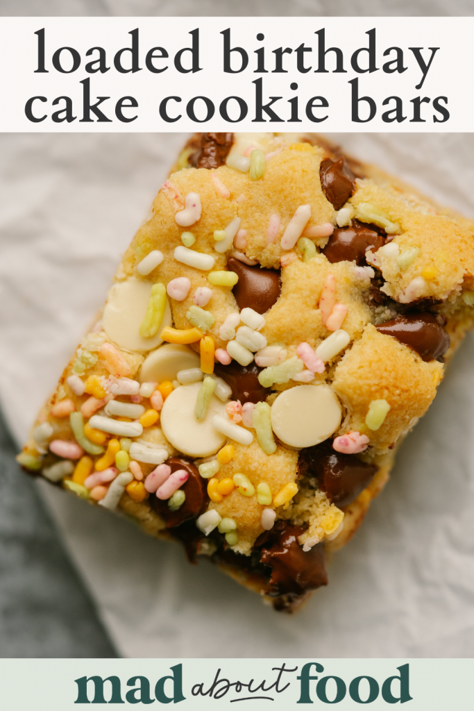 Image for pinning Loaded Birthday Cake Cookie Bars recipe on Pinterest
