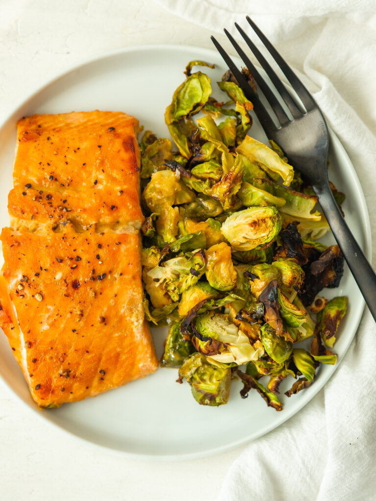 Maple dijon salmon served with brussles sprouts