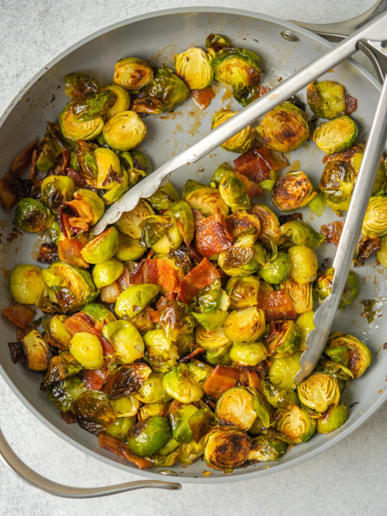Above view of thanksgiving brussel sprouts recipe in a frying pan
