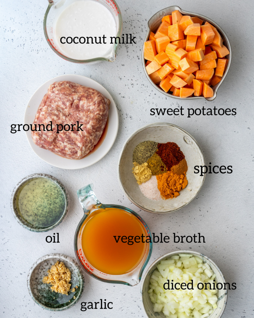 above view of ingredients for the sweet potato and sausage curry soup