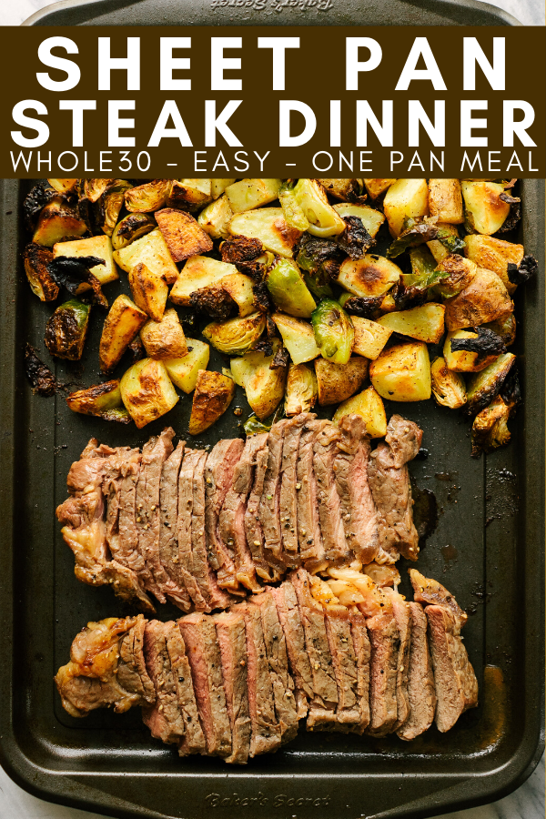 sheet pan steak dinner image with text for pinterest