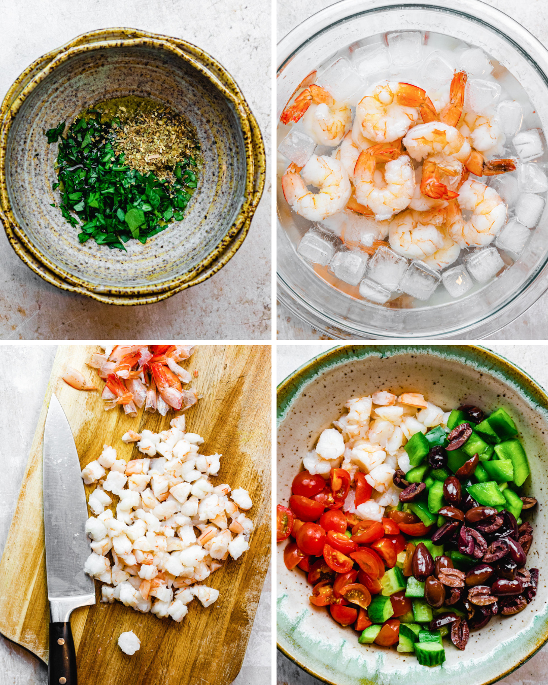 Step by step assembly of mediterranean shrimp salad