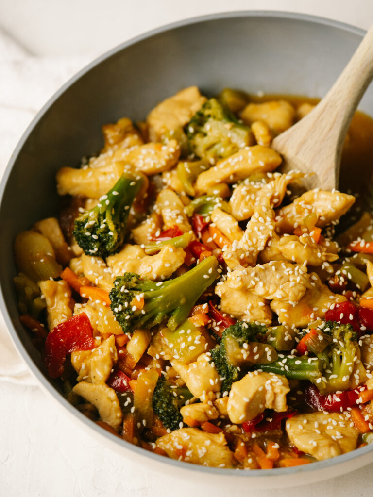 above view of easy chicken and veggie stir fry in a pan