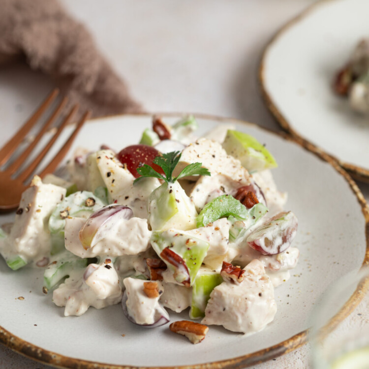 a three quarter view of chicken waldorf salad on a white plate with a fork next to it