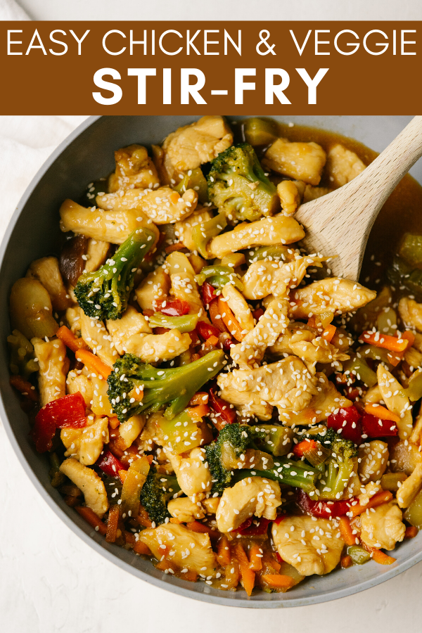 pinterest image for easy chicken and veggies stir fry