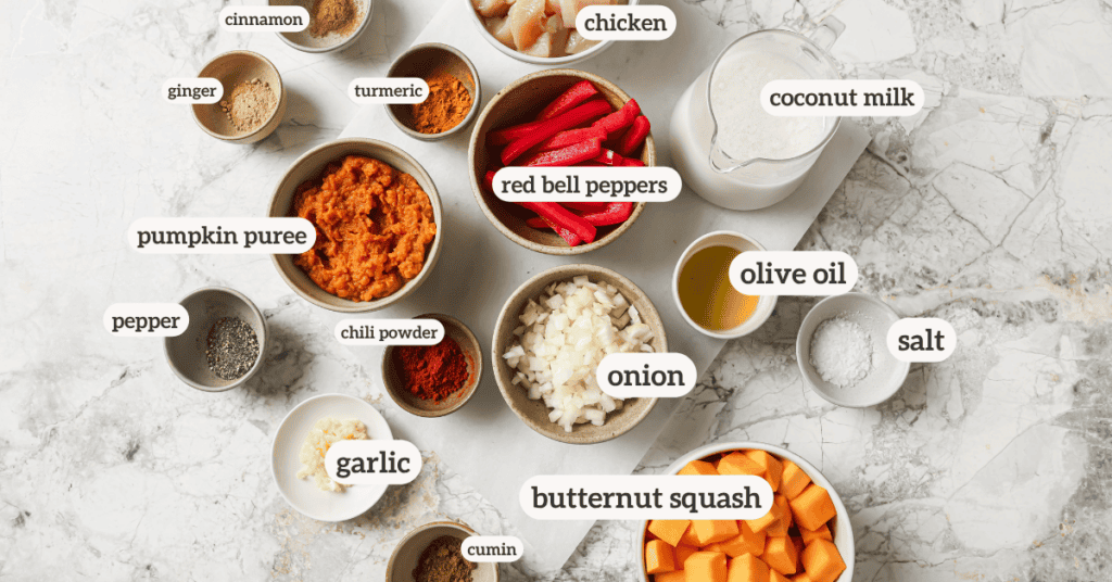 all ingredients for pumpkin coconut chicken curry in ceramic bowls on a marble surface