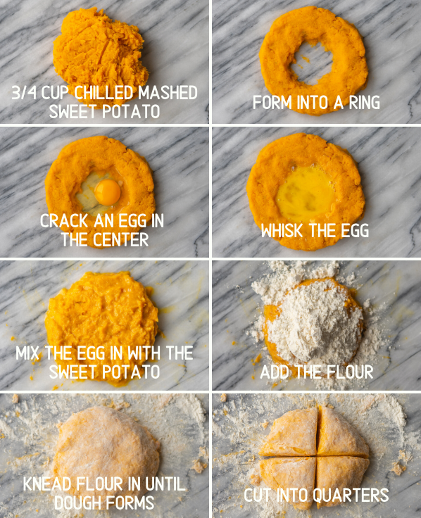 step by step instructions for the sweet potato gnocchi recipe and forming the noodles