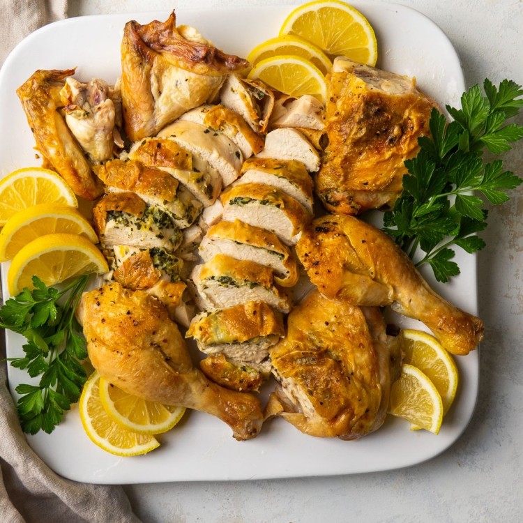 Above view of lemon herb chicken on a serving platter