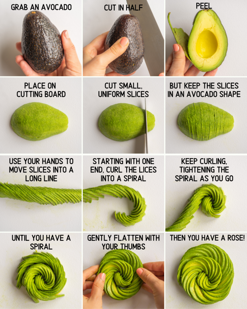 Image that teaches how to make an avocado rose step by step