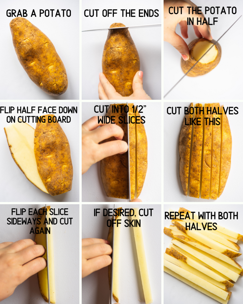 Above view of step by step instructions for how to make french fries from a potato