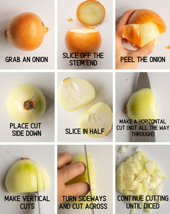 Image that teaches how to dice an onion step by step