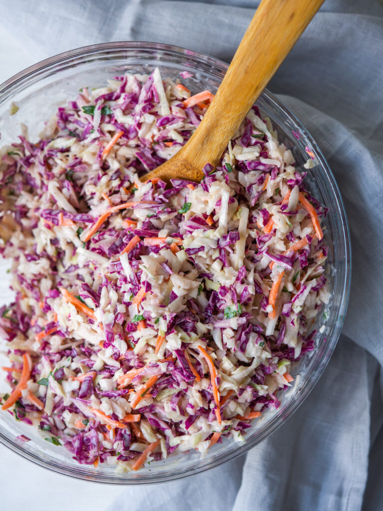Above view of traditional coleslaw recipe in a serving bowl