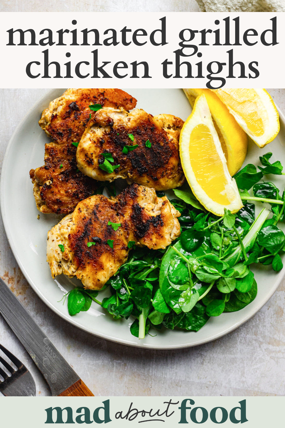Image for pinning Marinated Grilled Chicken Thighs recipe on Pinterest