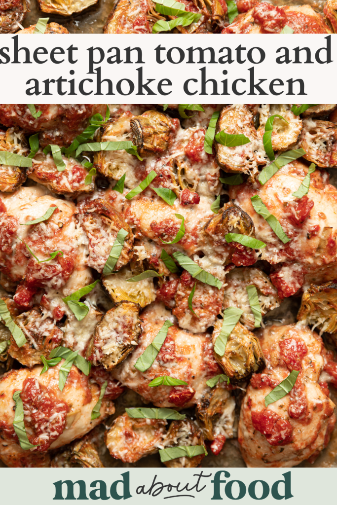 Image for pinning Sheet Pan Tomato and Artichoke Chicken recipe on Pinterest