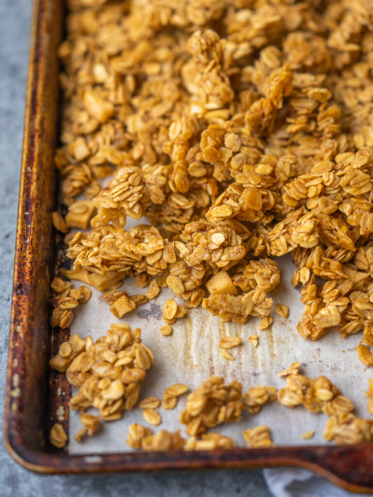 a baking sheet with granola on it