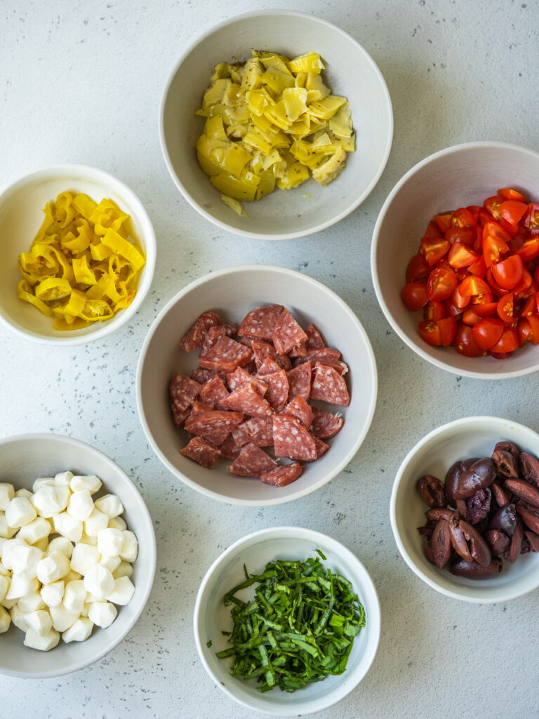 Above view of ingredients for antipasto