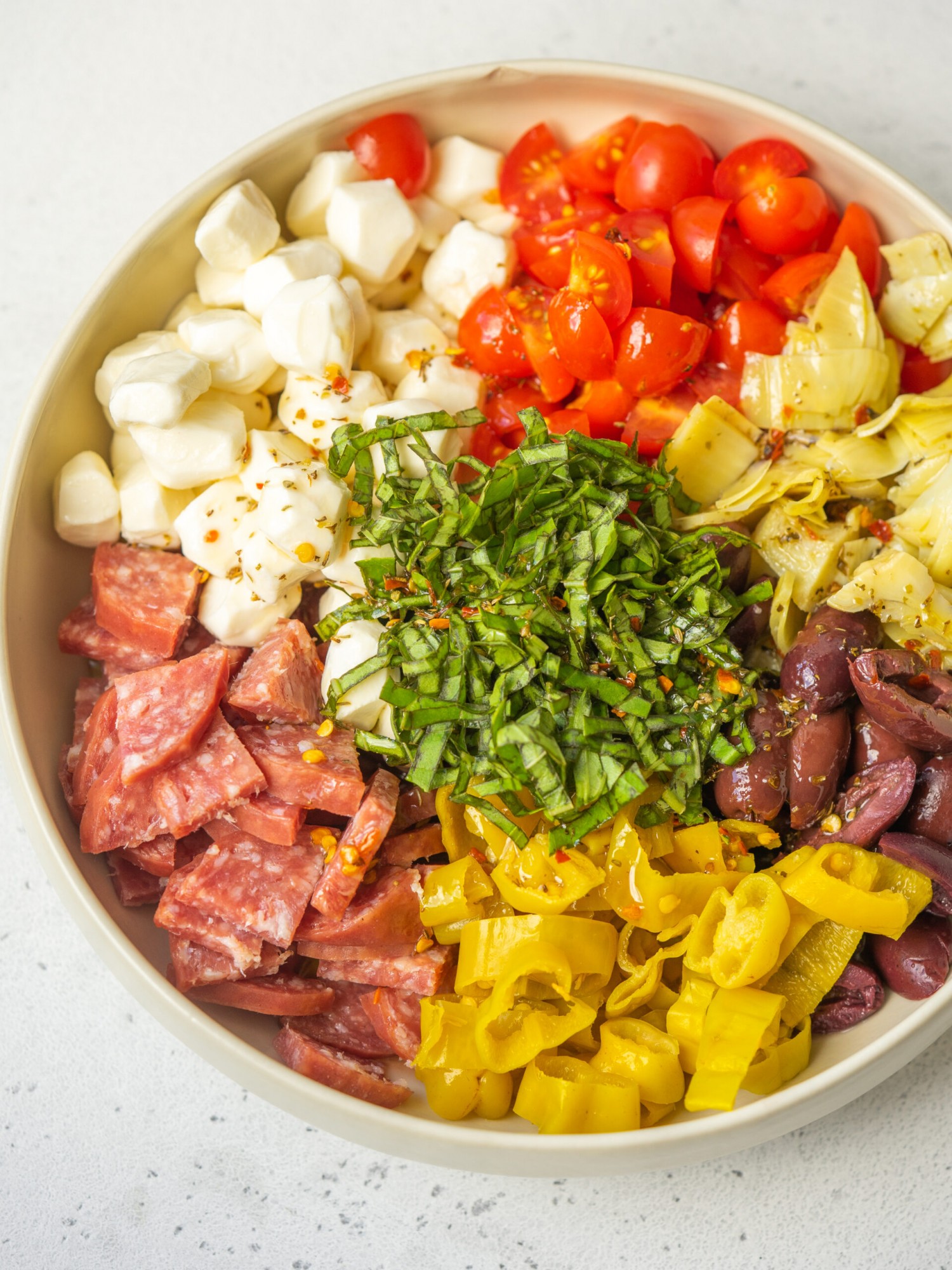 above view of ingredients for an antipasto salad