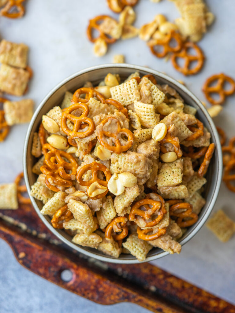 Above view of maple cinnamon chex mix in a serving bowl