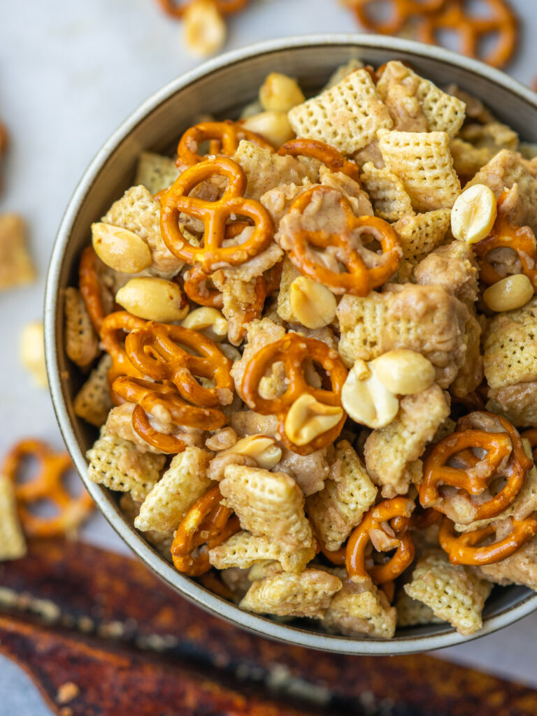 Above view of maple cinnamon snack mix made with chex cereal