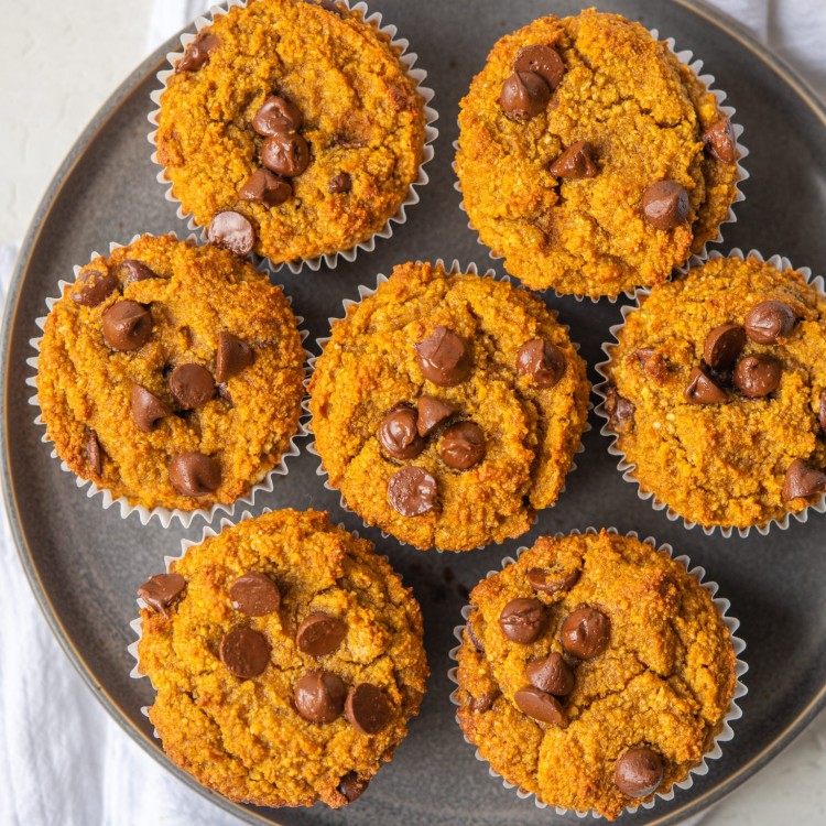 Pumpkin chocolate chip muffins on a serving plate