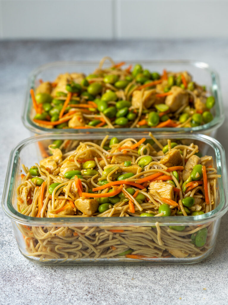 Prepared soba noodles in a meal prep container