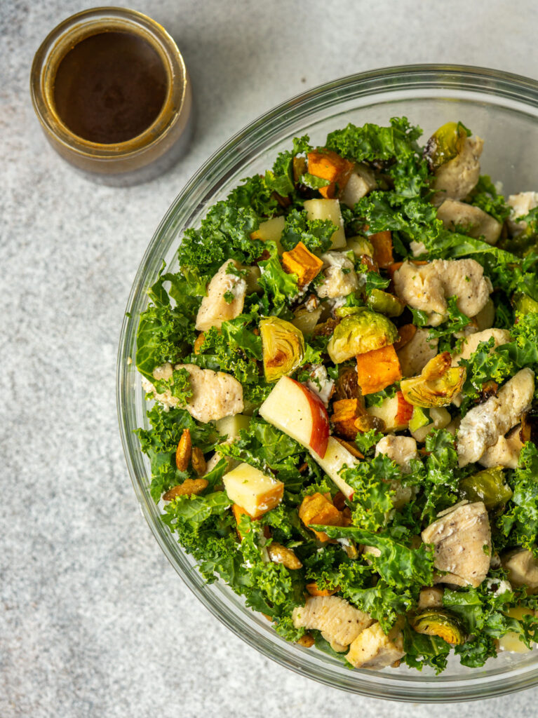 Above view of tossed kale fall salad.