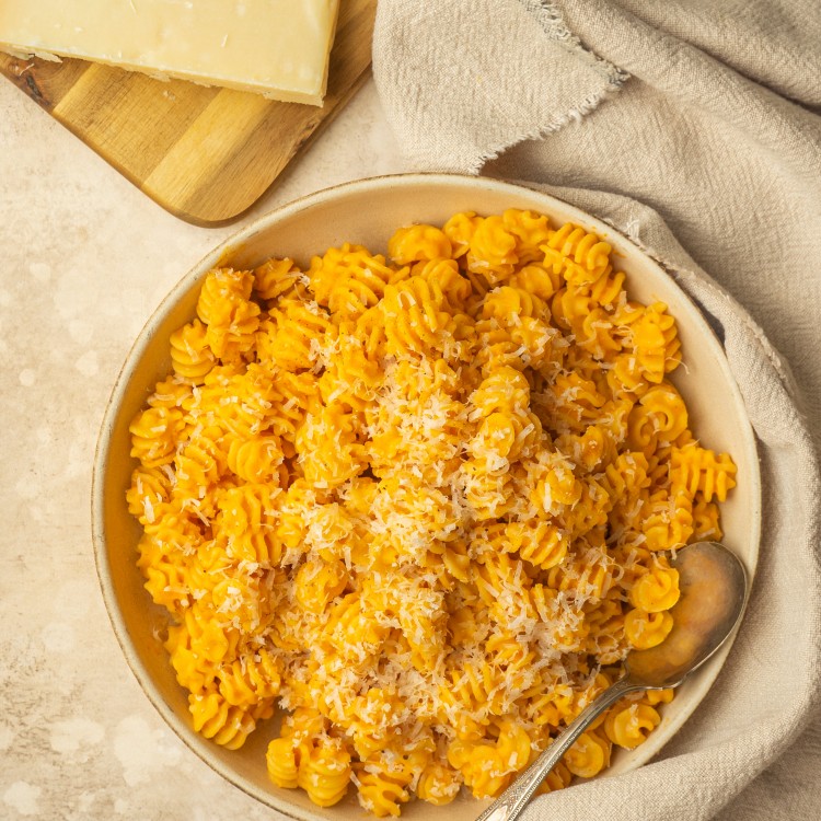 Above view of butternut squash pasta in a serving bowl