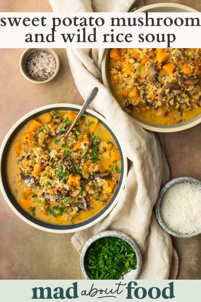Image for pinning sweet potato mushroom and wild rice soup recipe on pinterest