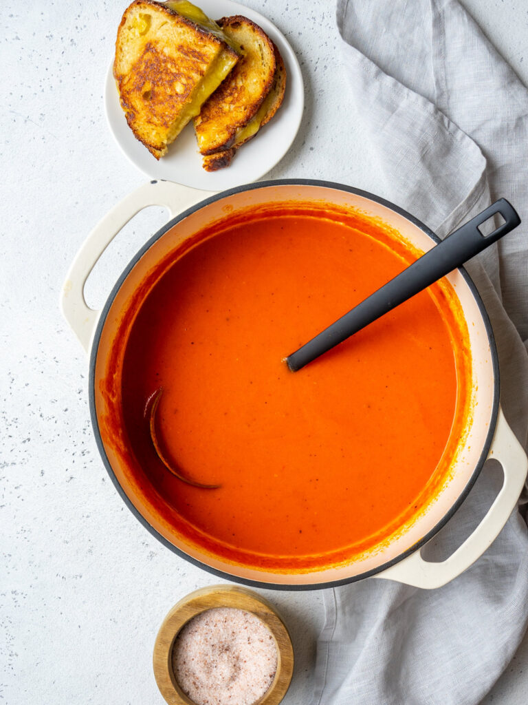 bowl of vegan tomato soup from above