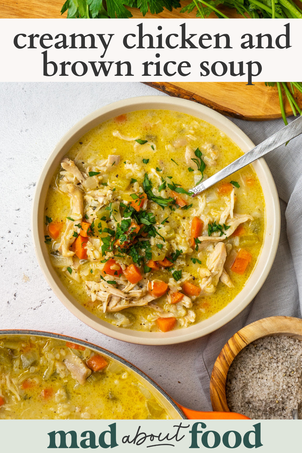 Image for pinning creamy chicken and brown rice soup on Pinterest