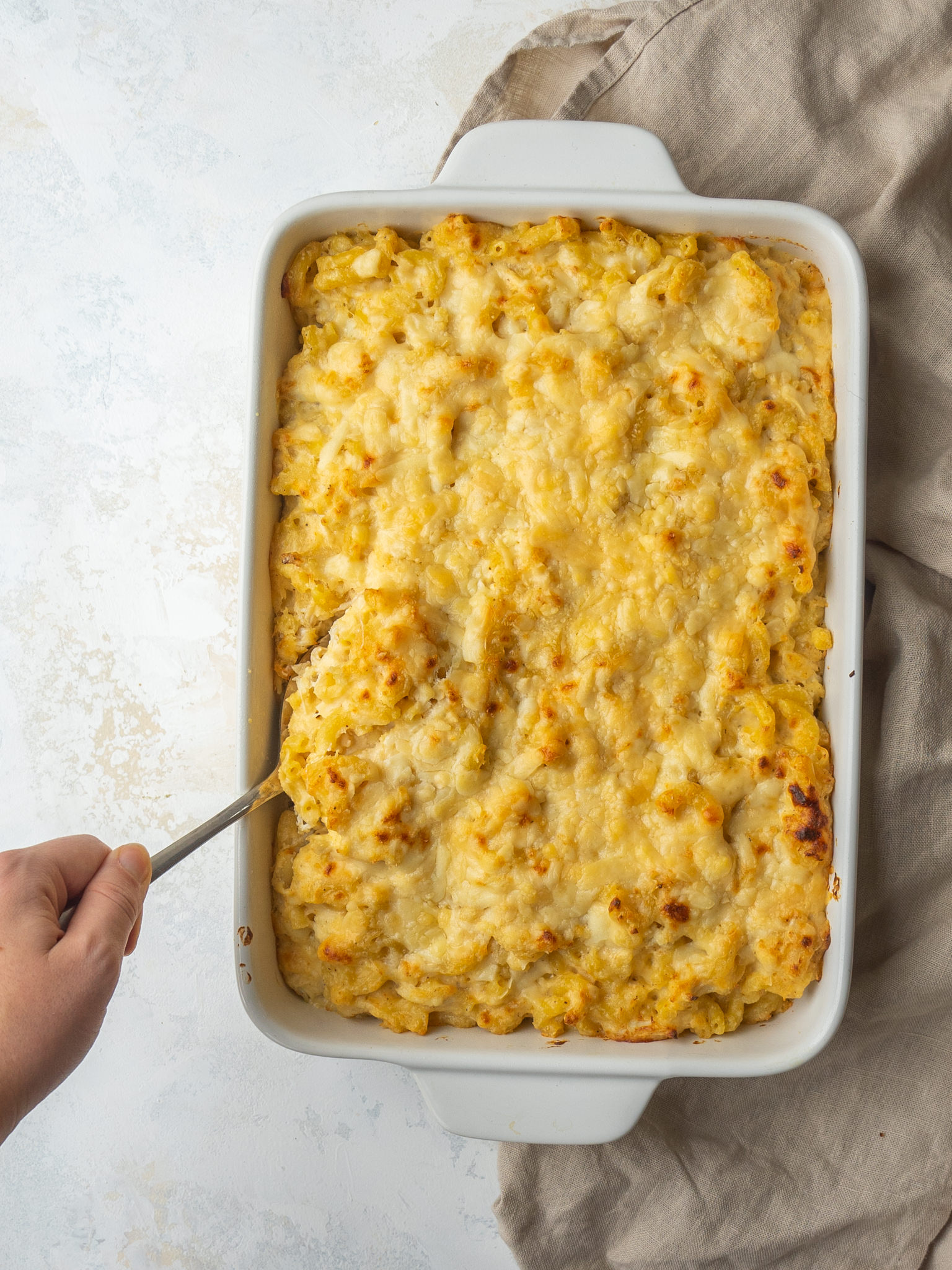 Above view of a casserole dish full of macaroni and cheese