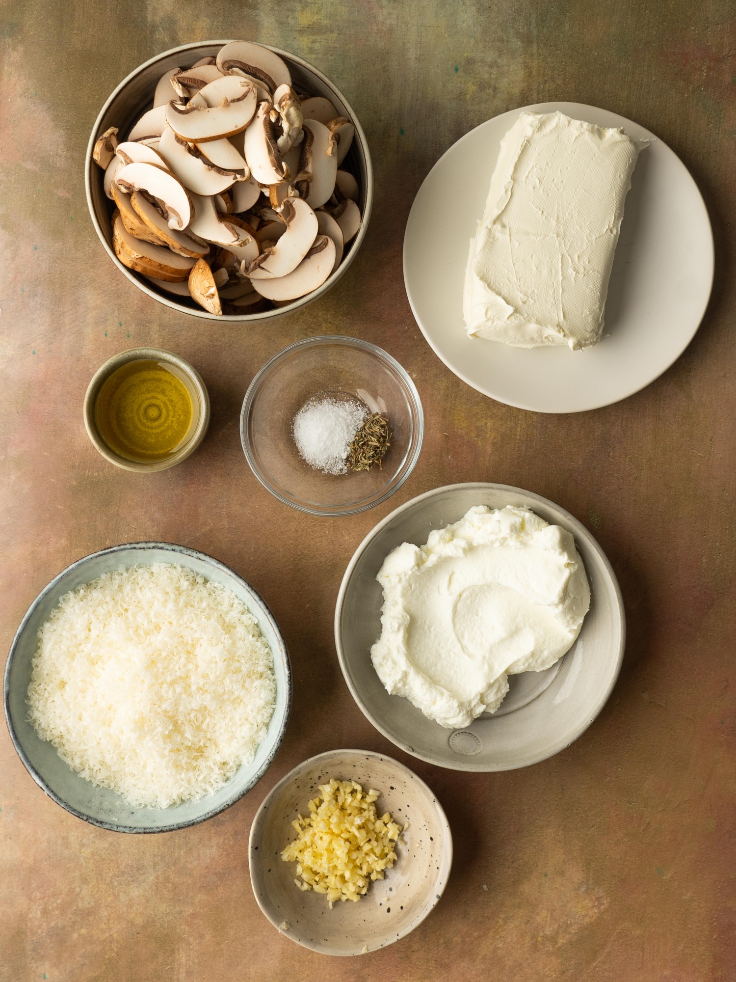 Above view of ingredients for cream cheese stuffed mushroom dip