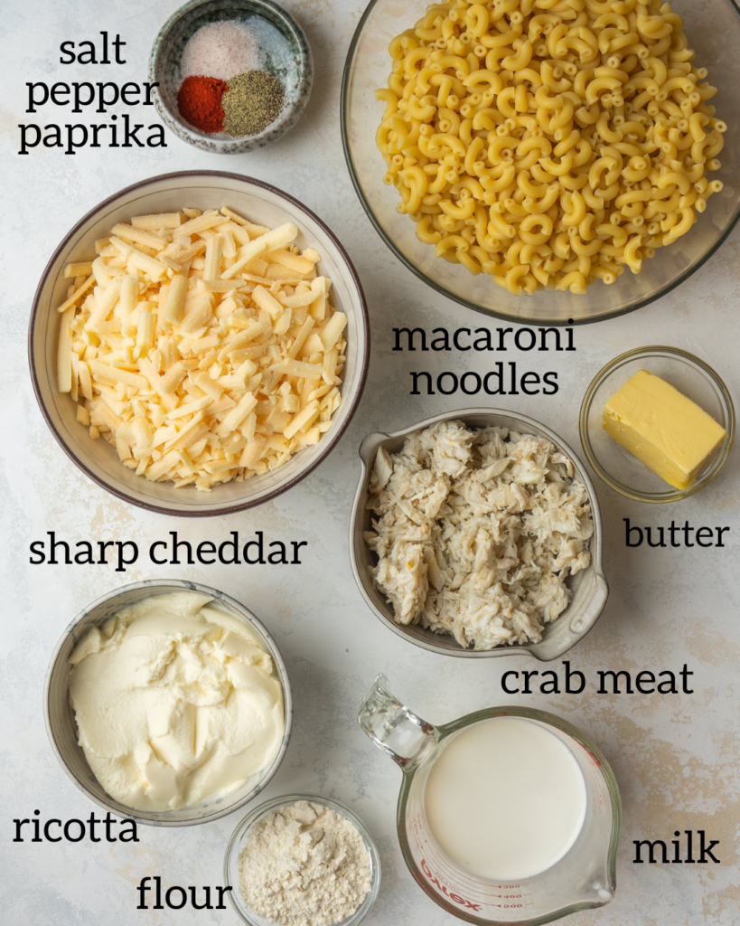 Above view of ingredients for crab meat mac and cheese