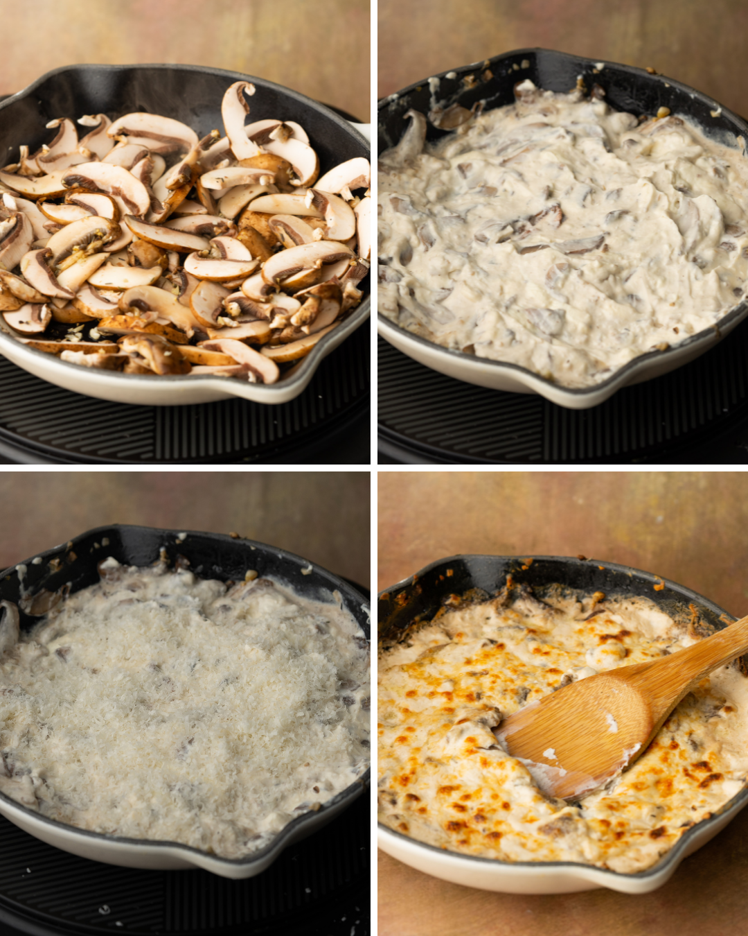 Step by step assembly of a cream cheese mushroom dip