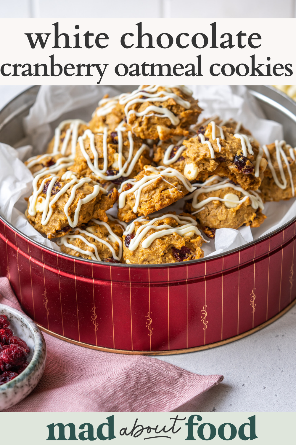 Image for pinning White Chocolate Cranberry Oatmeal Cookies recipe on Pinterest