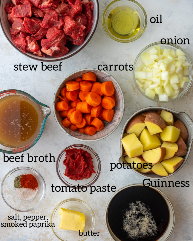 Above view of ingredients for Irish beef stew recipe