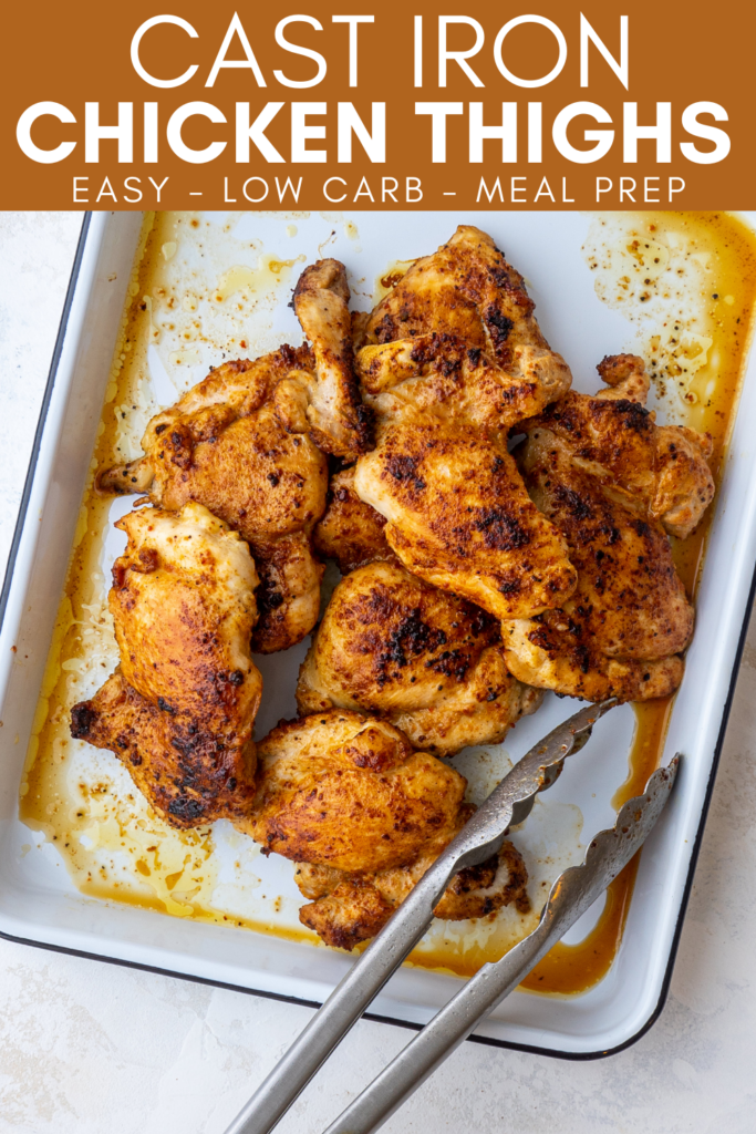 Pinterest image for cast iron chicken thighs recipe