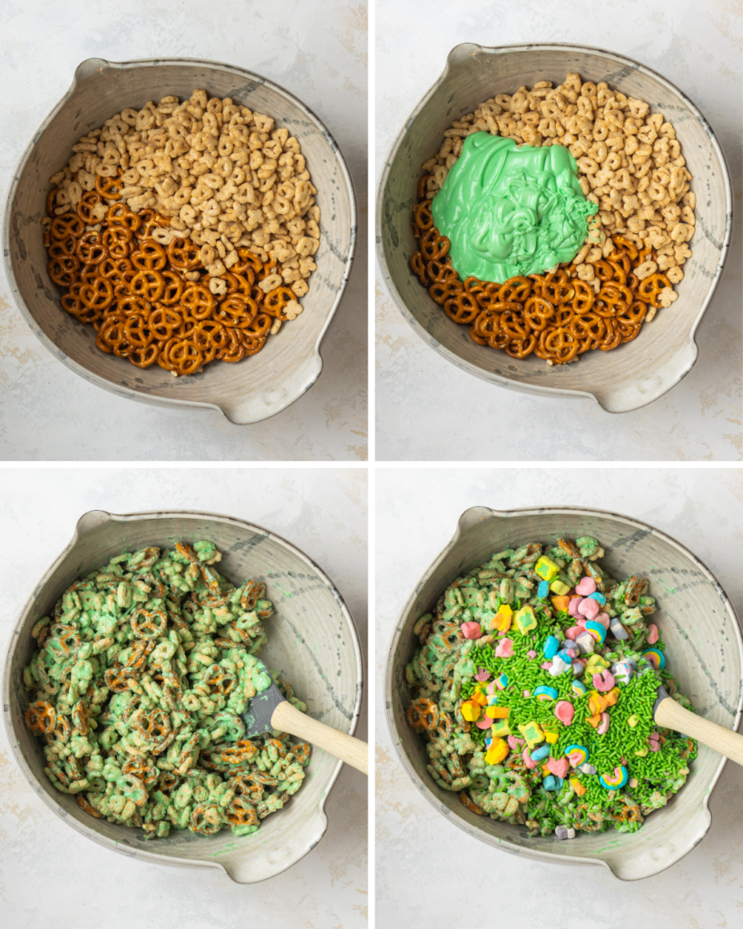 Above view of step by step instructions for assembling sweet snack mix for St. Patricks day